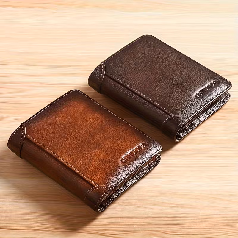Slim tri-fold genuine leather men's RFID wallet from Temu