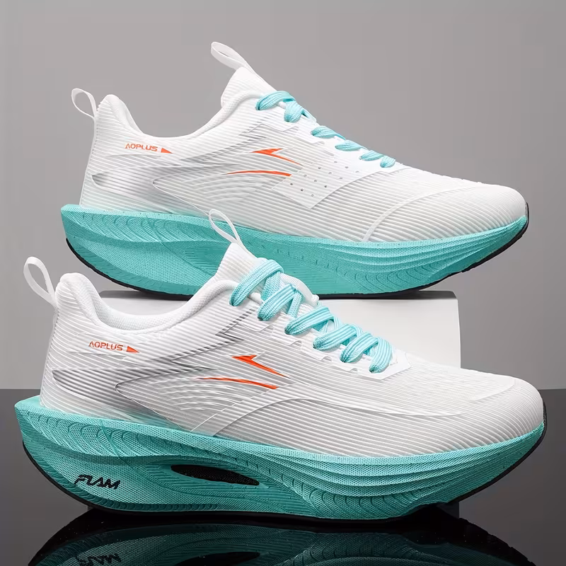 AOPLUS Women's Running Sneaker side profile showing breathable fabric upper, pink colourway and rubber sole