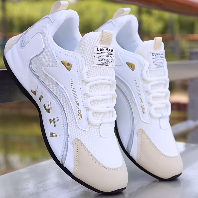 Temu men's white gold sneaker pair — full view
