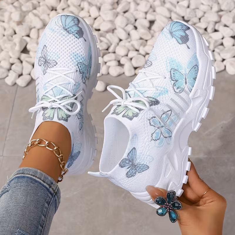 Women's breathable mesh butterfly print low-top lace-up round toe casual sneakers on Temu