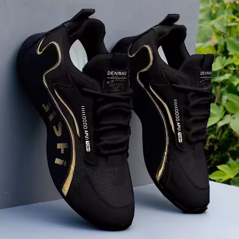Men's fashion sneakers white upper with gold accents — side profile