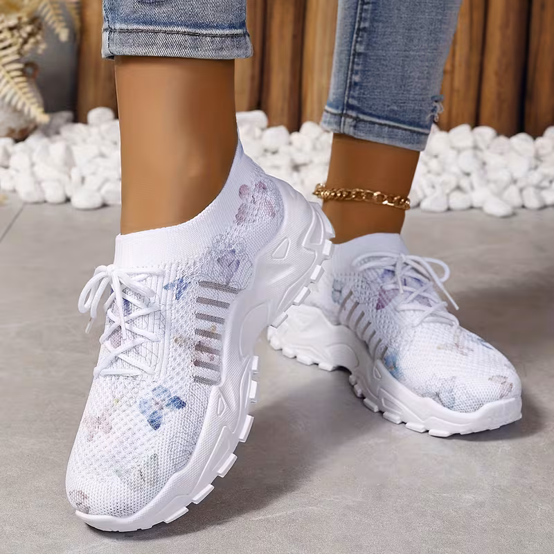 ZOSIVC women's low-top lace-up butterfly print mesh sneakers lightweight platform sole