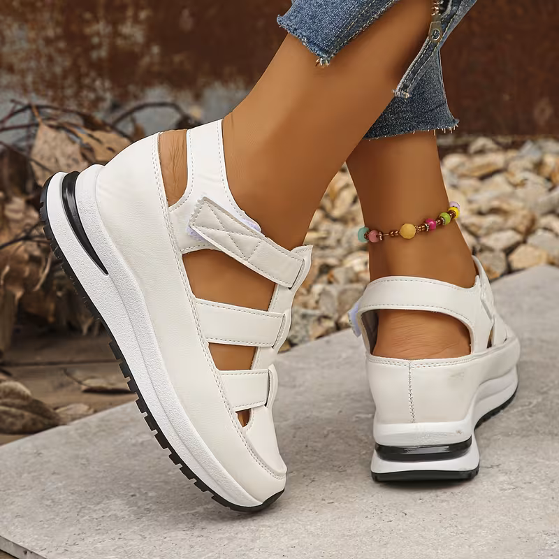 Women's wedge sandal sneaker — upper detail and strap construction