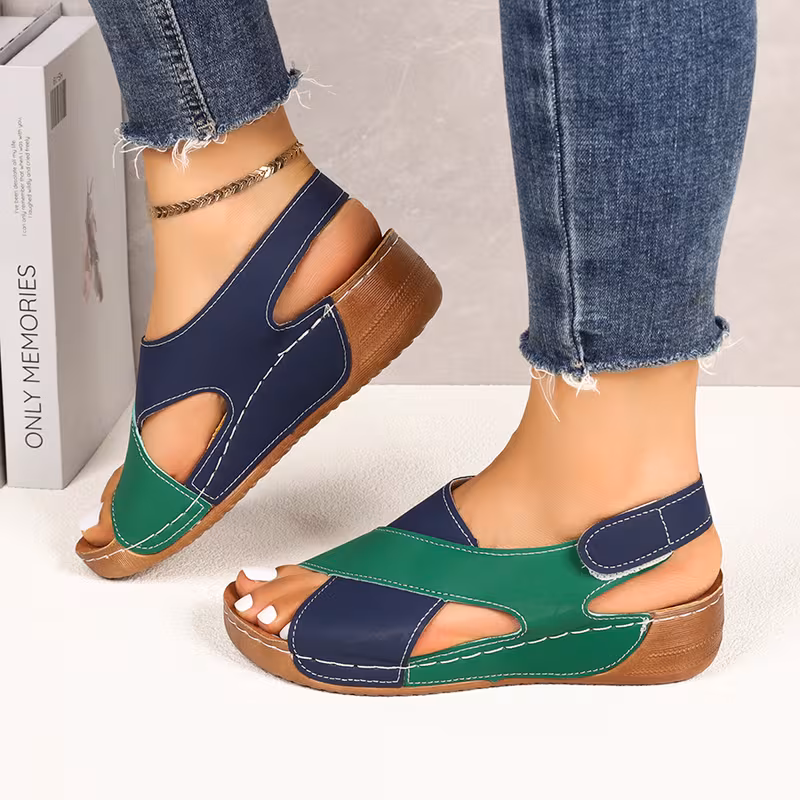 Thick-soled colour block sandal pair — full product view