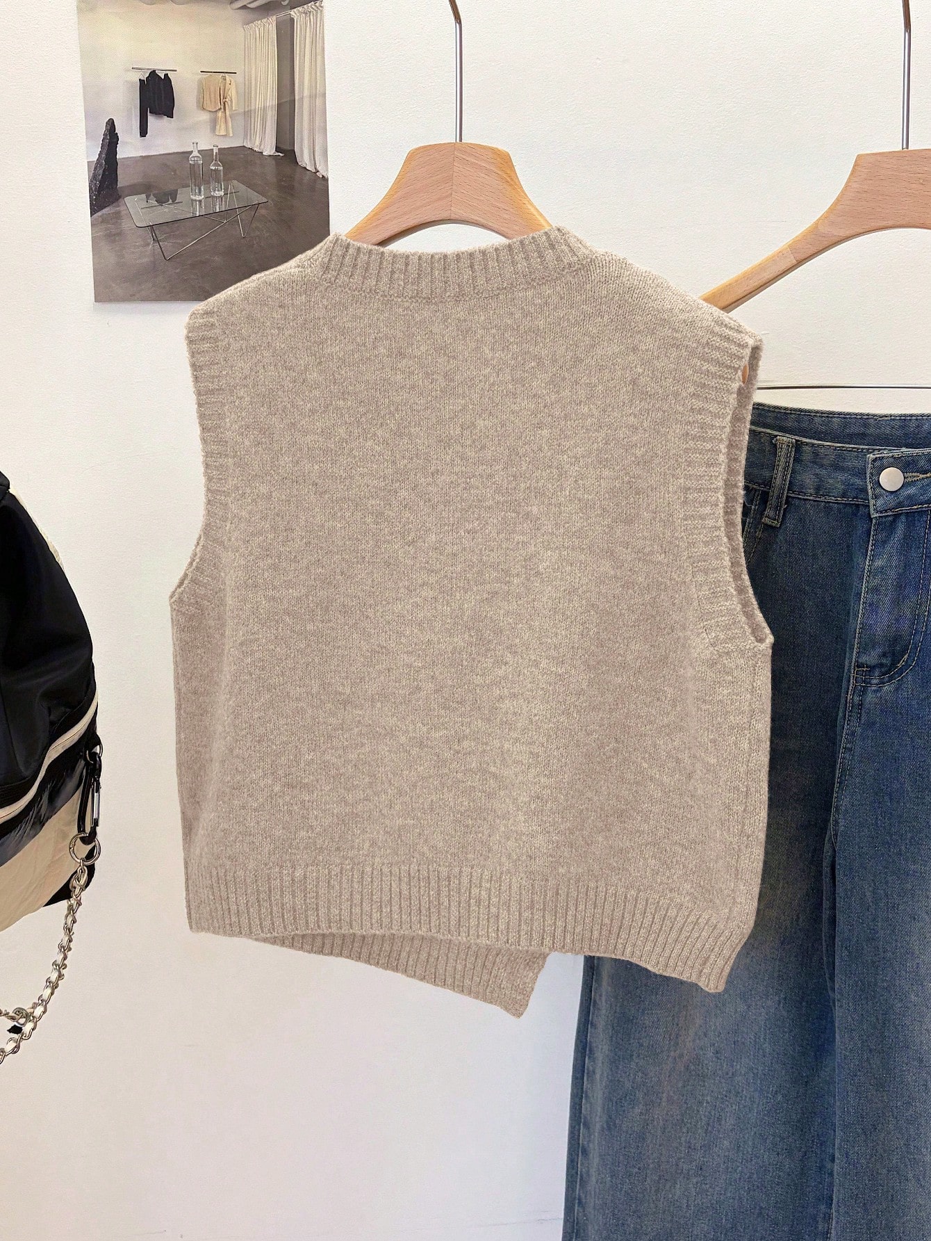 SHEIN short round neck asymmetrical button sleeveless sweater vest